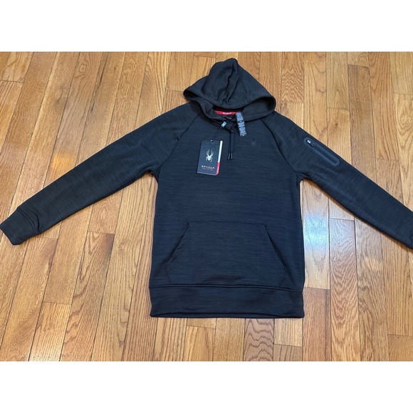 New Spyder Active ProWeb Hoodie Mens Small Black Pullover Long Sleeve Zip Pocket - Picture 3 of 10